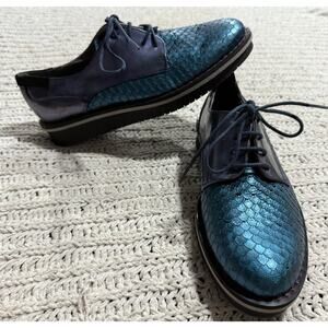 NWOB Kanna Leather Reptile Oxford Shoes Lace Up Spain Womens Size 6.5 EU 37 Blue